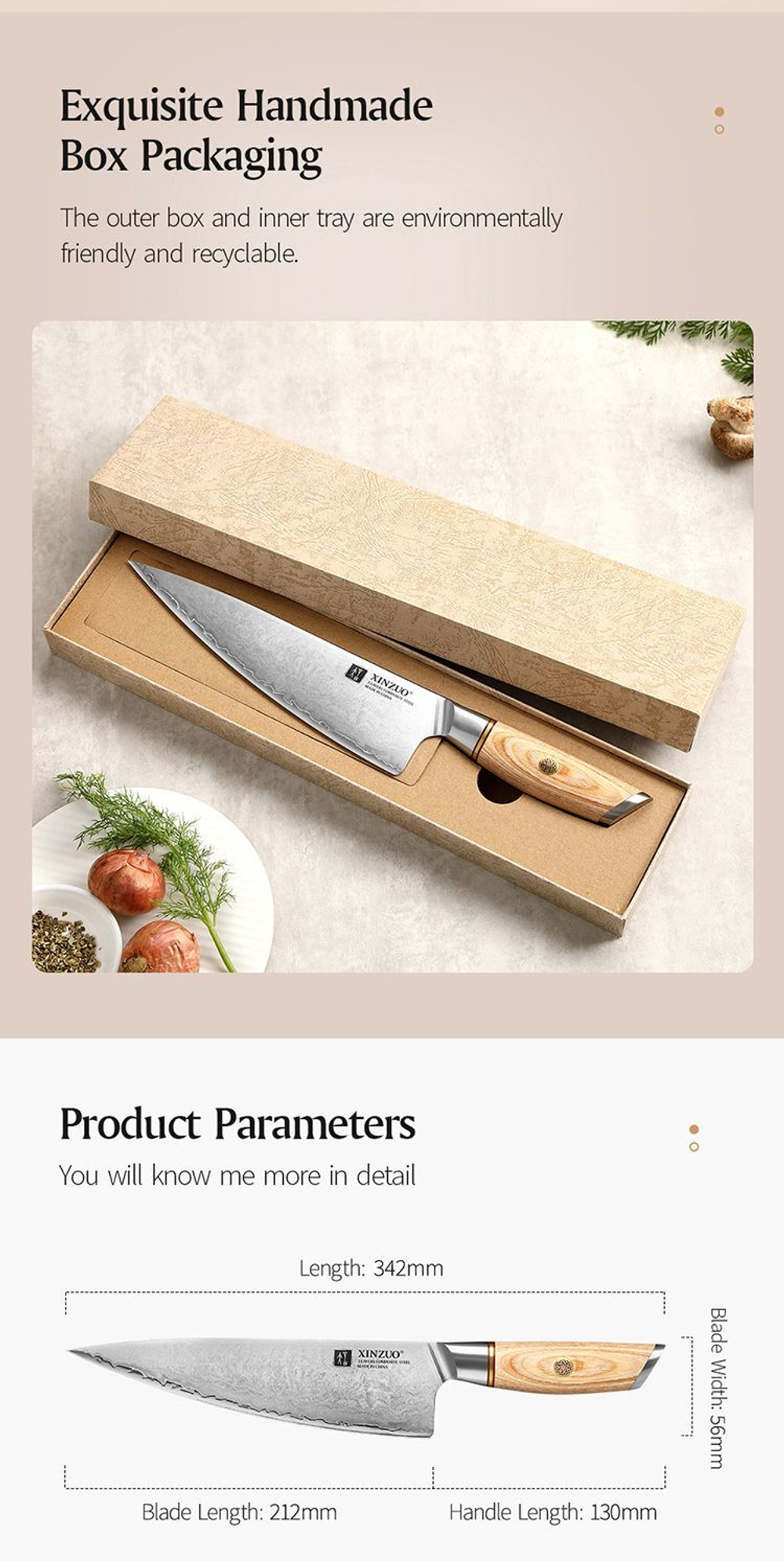 Кухонный нож Xinzuo B37S Chef нож 8,5 дюймов клинок 3 Layers Composite рукоять дерево pakka, длина лезвия 21,2 см