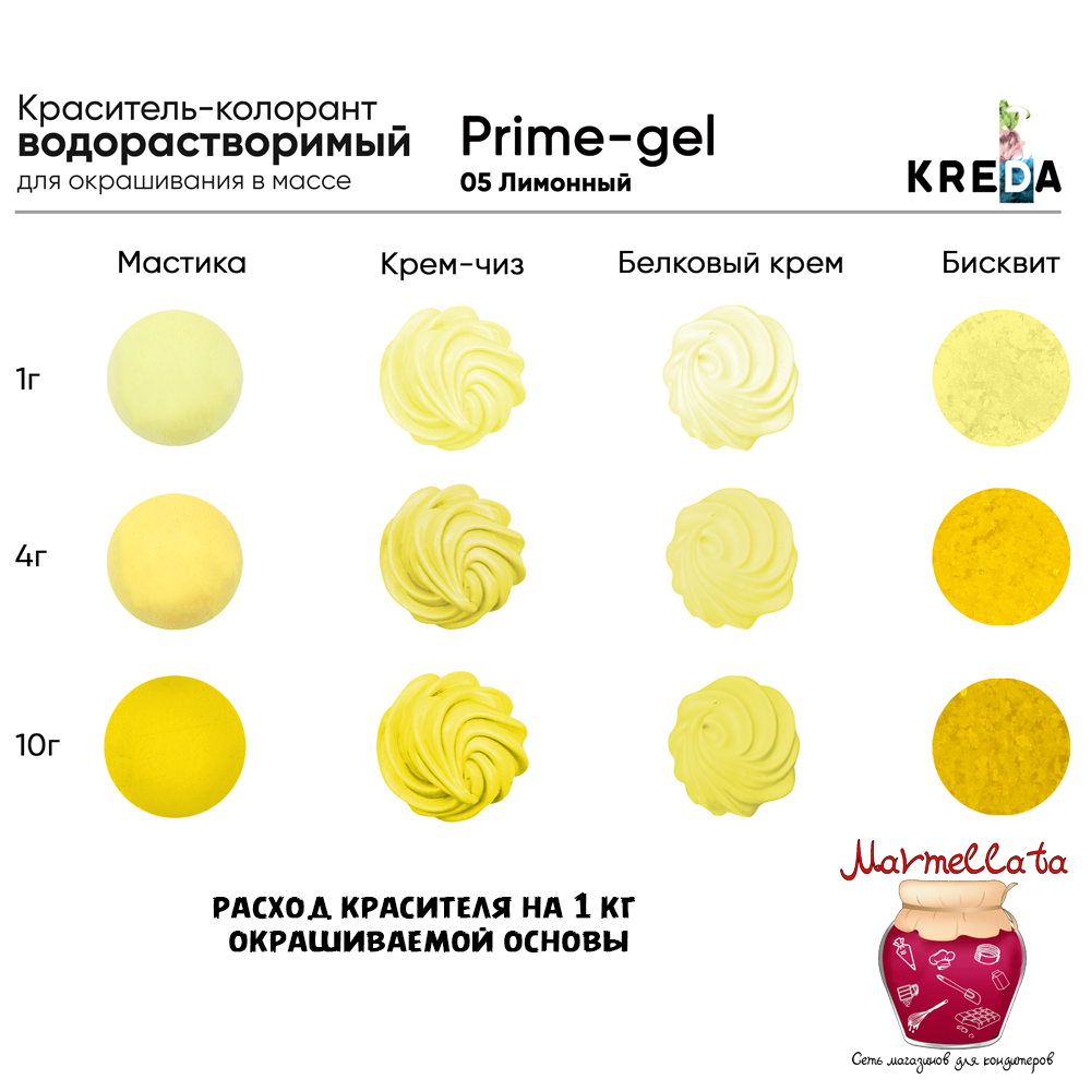 Краситель водор-ый пищевой гелевый "Kreda Prime-gel", ЛИМОННЫЙ 05 (10 мл.)