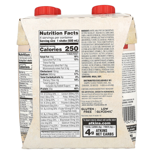 Atkins, Насыщенный протеином коктейль, сливочный шоколад, 4 коктейля, 500 мл (16,9 жидк. унц.)