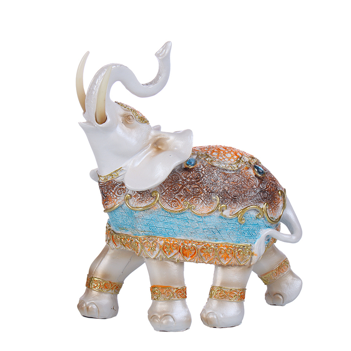 Статуэтка Слон в расписной попоне оранжевый голубой коричневый с кристаллами цвет белый взгляд влево 18х9х20 см