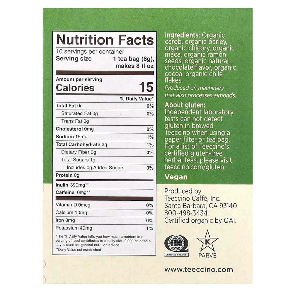 Teeccino, Органический обжаренный травяной чай, шоколад с мака, без кофеина, 10 чайных пакетиков, 60 г (2,12 унции)