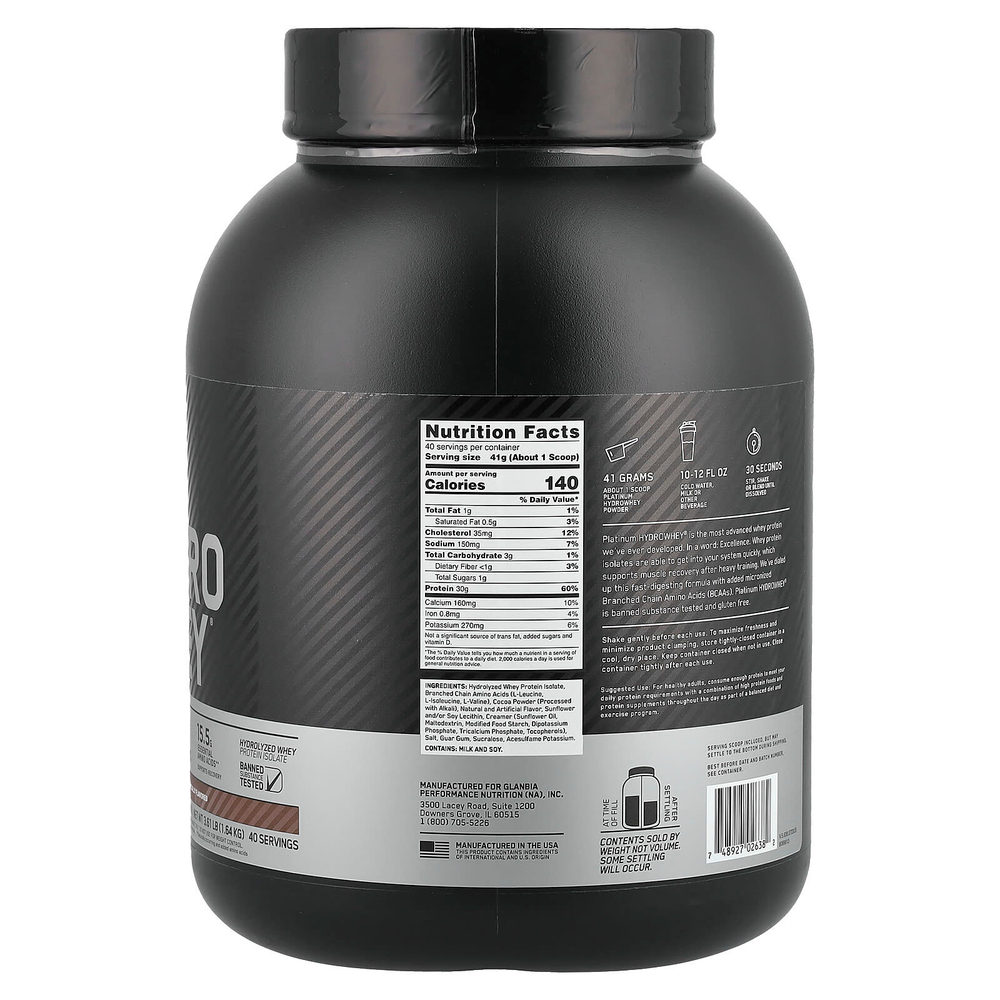 Optimum Nutrition, Platinum Hydro Whey, гидролизованный изолят сывороточного протеина, турбо-шоколад, 1,64 кг (3,61 фунта)