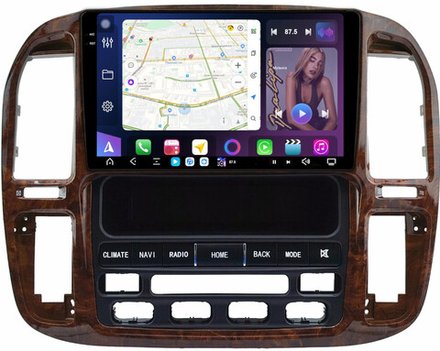 Магнитола для Toyota Land Cruiser 100, Lexus LX470 1998-2002 (климат на ШГУ, рамка дерево) - FarCar XXL9-9608F4 монитор 9.5" 2K QLED на Android 13, TS20, 8+256Гб, CarPlay, 4G SIM-слот