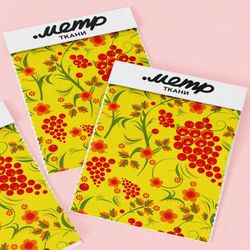 Ткань шелк Армани хохломские мотивы на желтом