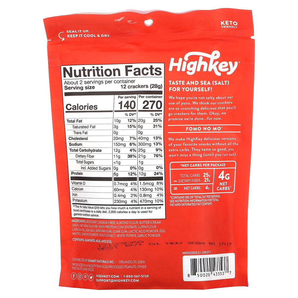 HighKey, Крекеры из миндальной муки, морская соль, 56,6 г (2 унции)