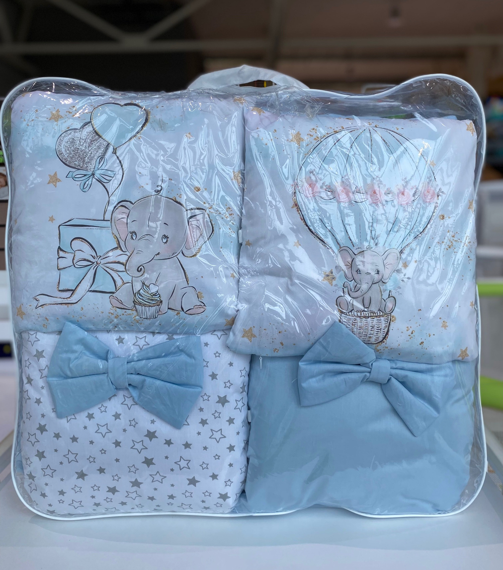 Комплект в кроватку 18 предметов "Праздник для слонёнка" голубой, сатин