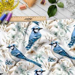 Ткань премиум сатин синие птицы на ветках
