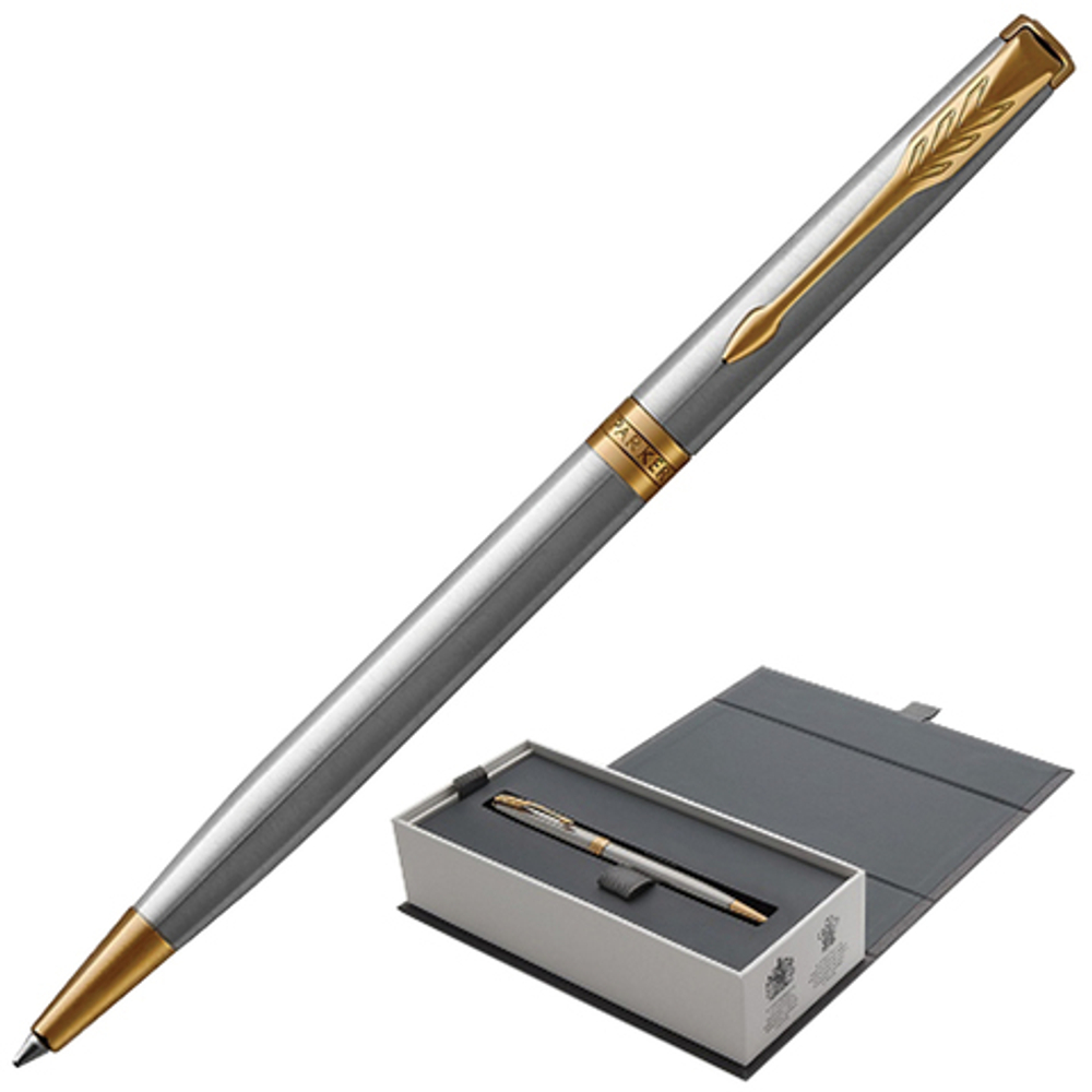 Ручка шариковая PARKER "Sonnet Core Stainless Steel GT Slim", тонкая, корпус серебристый, позолоченные детали, черная, 1931508
