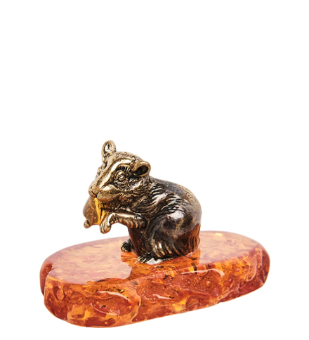 AM- 469 Фигурка «Мышь с зернышком» (латунь, янтарь)