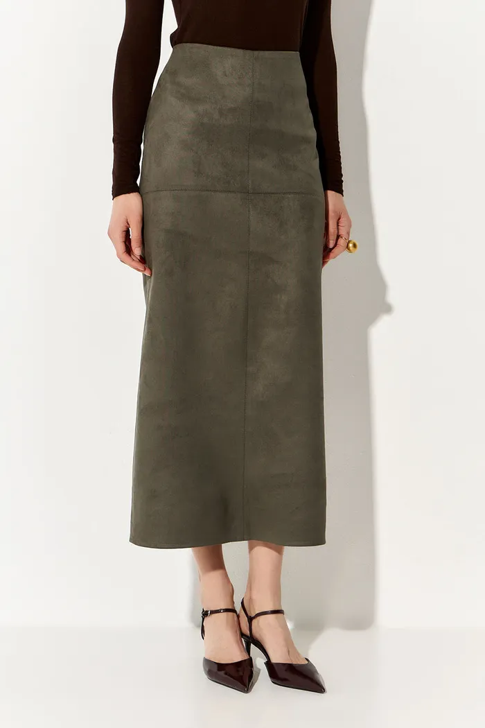 Юбка карандаш из экозамши цвета хаки