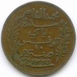 10 сантимов 1907 год. Тунис. Бронза, диаметр 30.5 мм. VF-XF