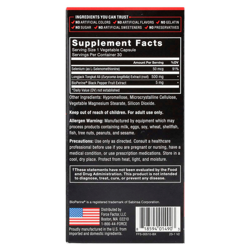 Force Factor, Longjack Tongkat Ali, эврикома длиннолистная, 500 мг, 30 капсул