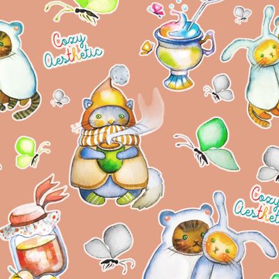 Бабочки и коты в костюмах зайцев и мишек в винтажном стиле.