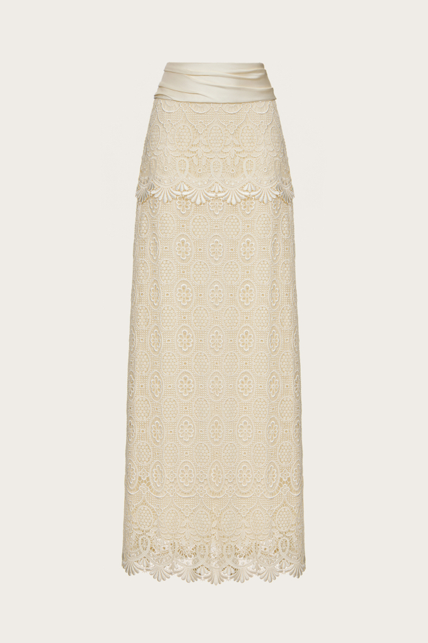 ЮБКА ИЗ МОЛОЧНОГО КОРДОВОГО КРУЖЕВА И ШЕЛКОВОГО АТЛАСА