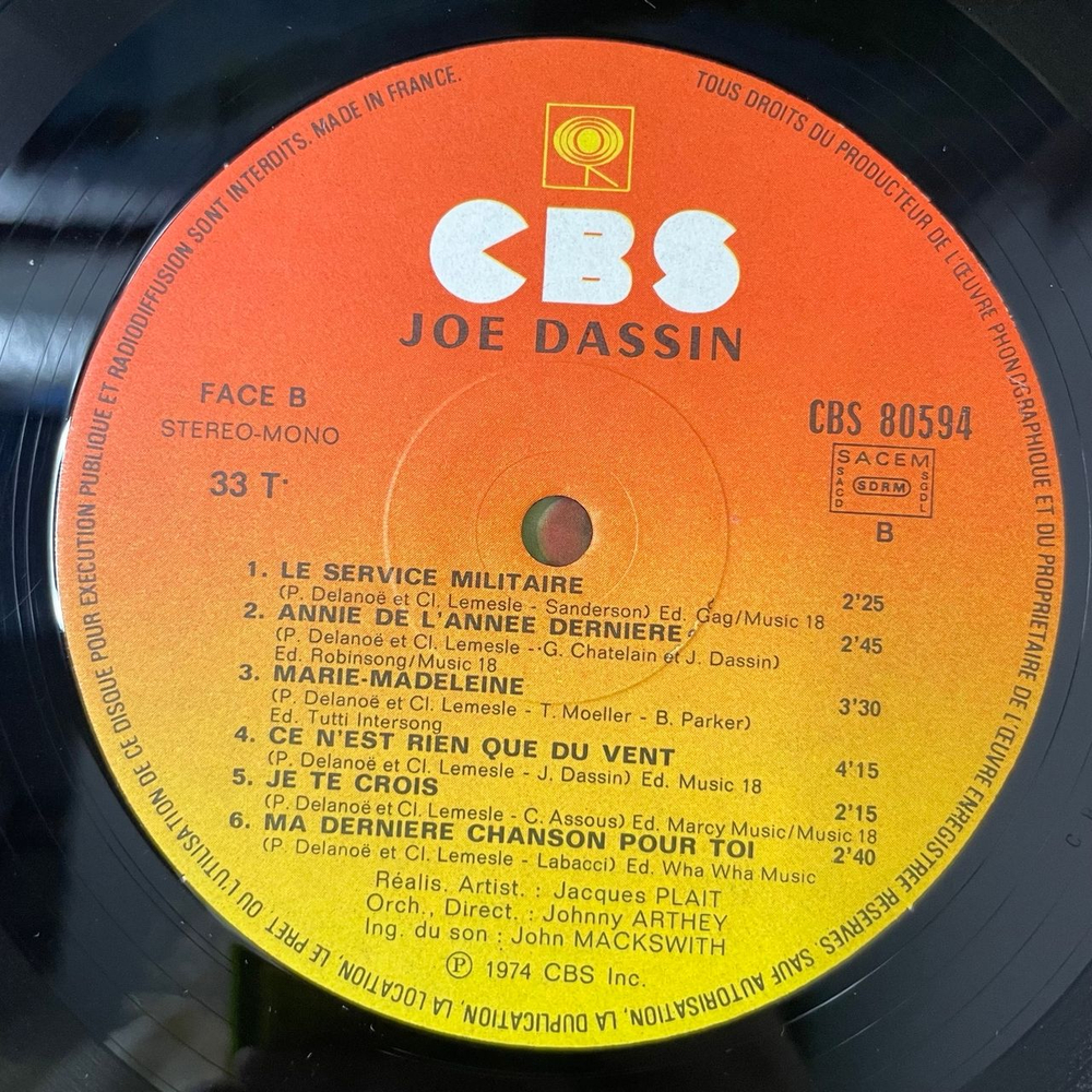 Винтажная виниловая пластинка LP Joe Dassin Джо Дассен (Франция 1974)