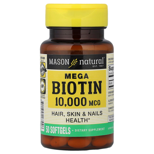 Mason Natural, мега биотин, 10 000 мкг, 50 капсул
