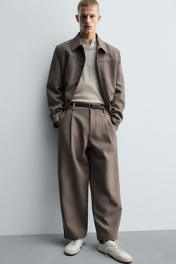 ZARA БРЮКИ BALLOON FIT С ЗАЩИПАМИ, СЕРО-КОРИЧНЕВЫЙ