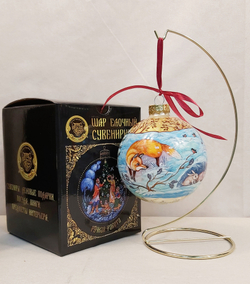 Шар новогодний с ручной росписью Палех "Лиса и зайцы" в коробке