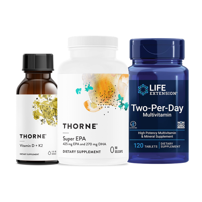 Комплект для всесторонней поддержки Витамин D/K2 жидкий + Two-Per-Day мультивитамины + Super EPA Омега-3, Thorne + Life Extension