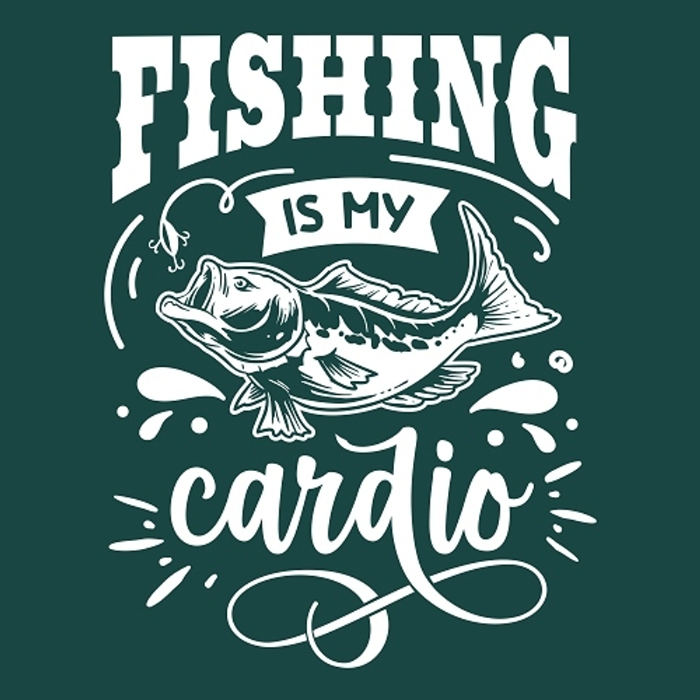 принт PewPewCat Fishing is my cardio для темно-зеленой футболки