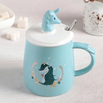 Кружка 380 мл "Единорожка", с керамической крышкой и ложкой