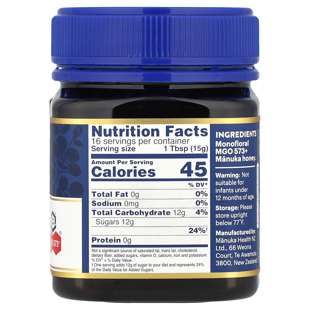 Manuka Health, необработанный мёд манука, UMF 16+™, MGO 573+, 250 г (8,8 унции)