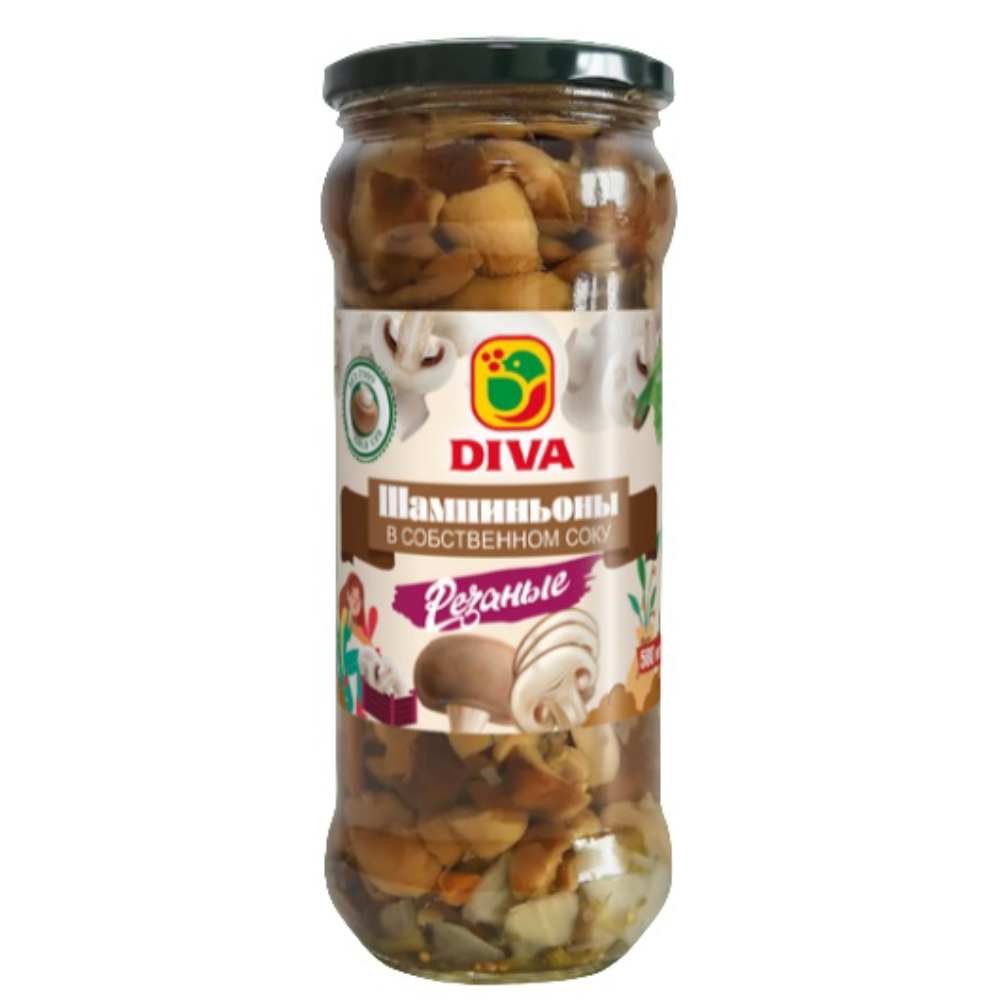 Шампиньоны маринованные резаные DIVA 580 мл