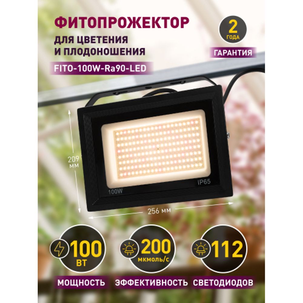 Фитопрожектор для растений светодиодный ЭРА FITO-100W-Ra90-LED для цветения и плодоношения полного спектра 100 Вт