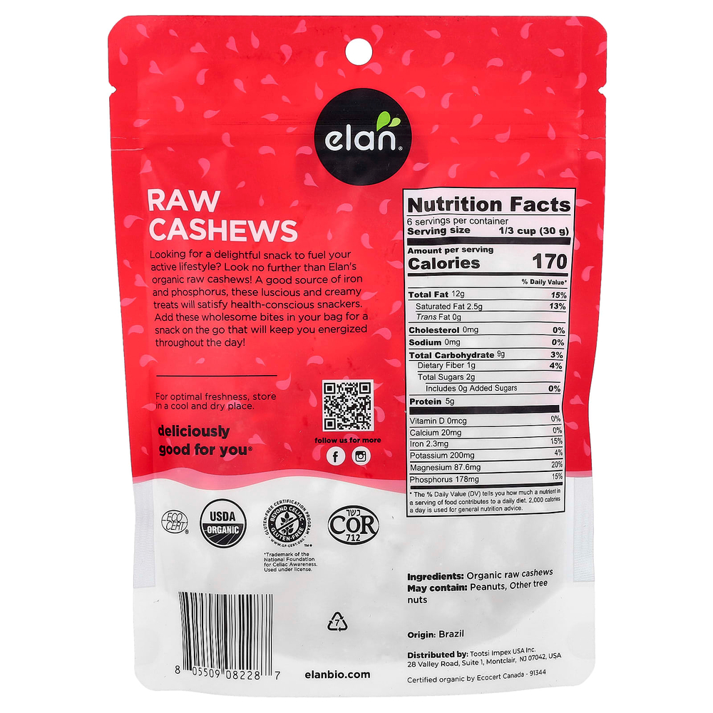 Elan, Органические кешью, необработанные, 185 г (6,5 унции)