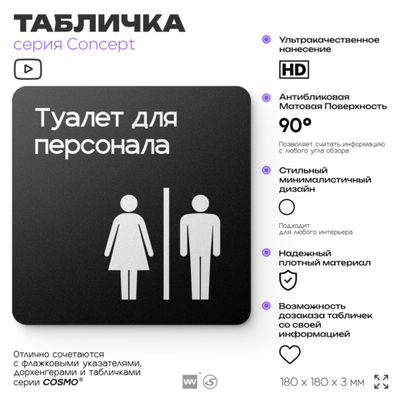 Табличка Туалет для персонала, на дверь и стену, навигационная и информационная, серия CONCEPT, 18х18 см, Айдентика Технолоджи