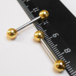 Штанга 14 мм с золотистыми шариками 5 мм, толщиной 1,6 мм для пирсинга языка. Медицинская сталь, золотое покрытие. 1 шт