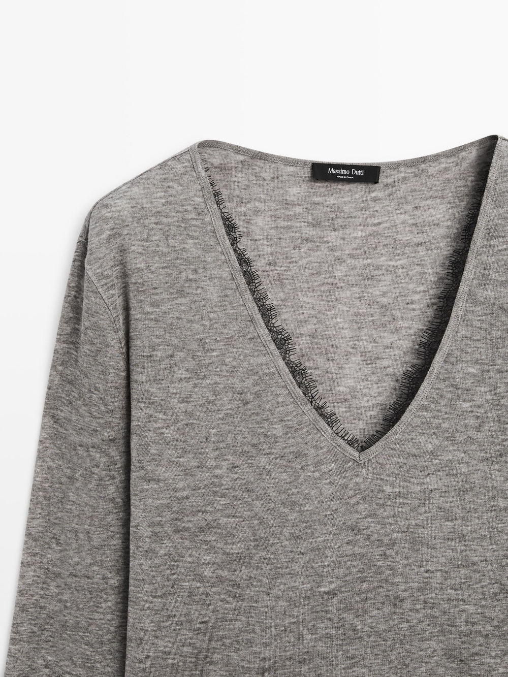 Massimo Dutti Футболка с V-образным вырезом и отделкой кружевом, серый меланж