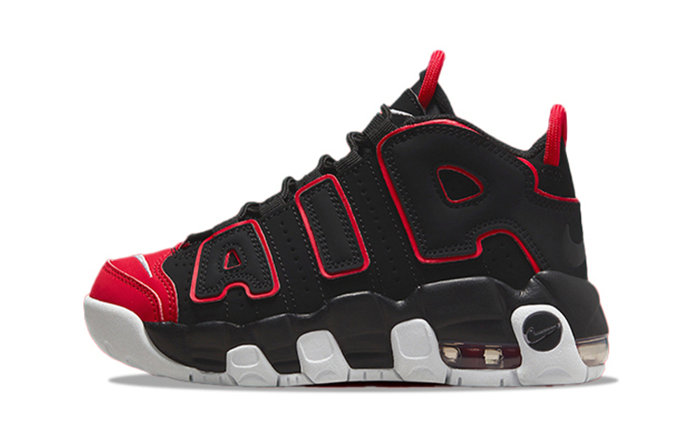 Middle-aged children's Nike Air More Uptempo leather poncho non-slip shock absorption wear-resistant breathable middle-help children's basketball shoes red and black