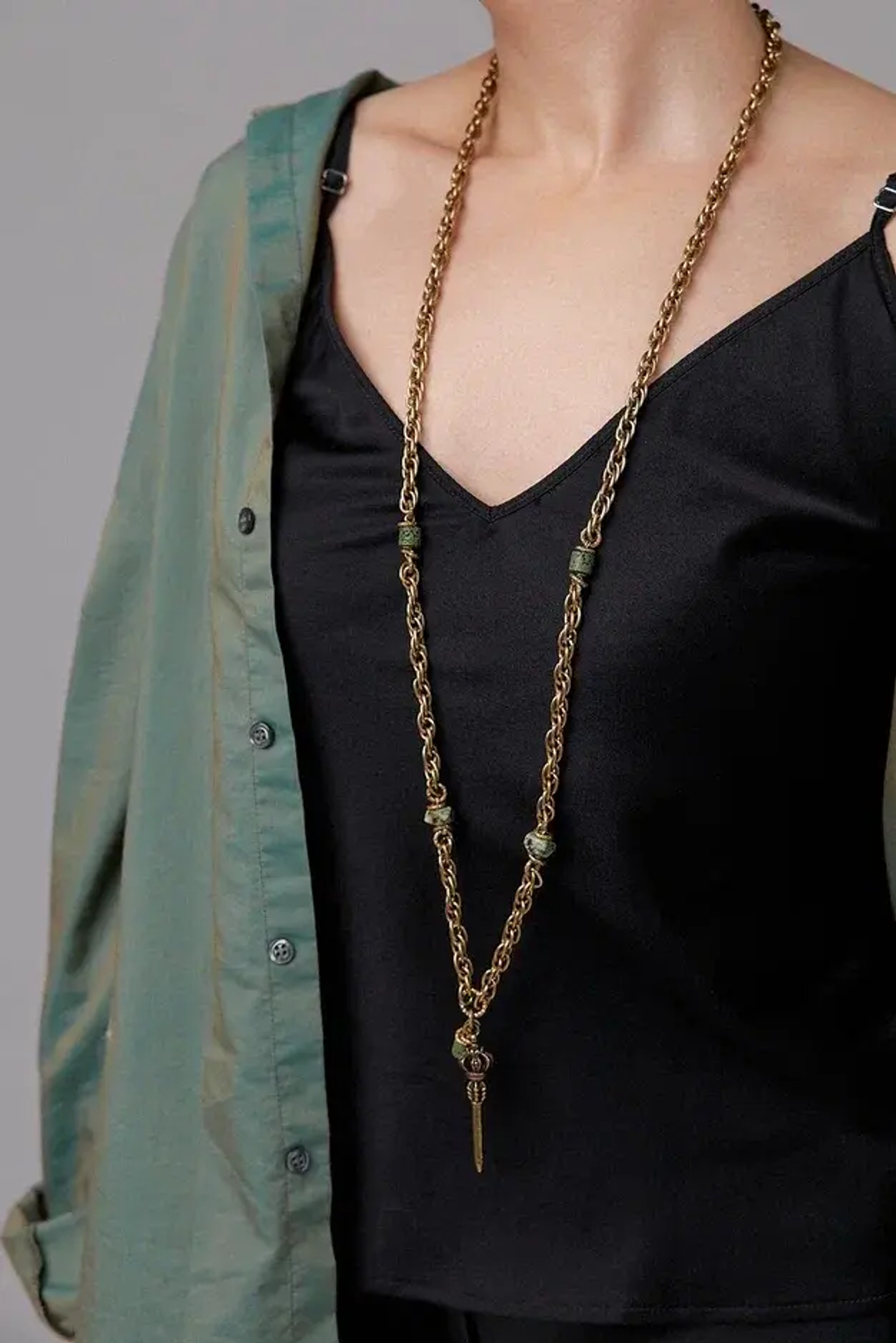 HMG 1314 Chain Витая цепь с зеленым вулканитом Колье mix арт.2500