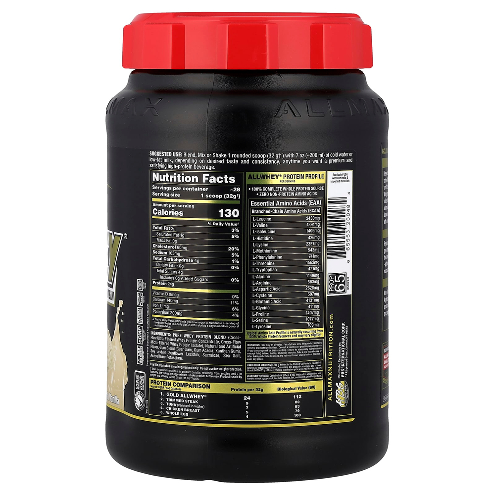 ALLMAX, GOLD ALLWHEY®, сывороточный протеин премиального качества, французская ваниль, 907 г (2 фунта)