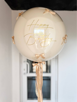 Большой Шар гигант Happy birthday с бантиками кремовый/белый песок №5245