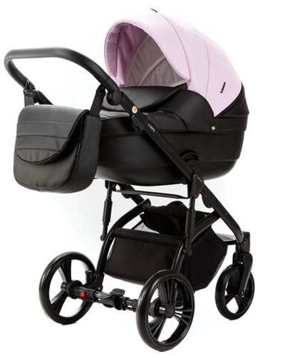 Детская коляска Adamex Lanti Deluxe 2 в 1 LN-SD101 (РОЗОВ.ЗЕФИР КОЖА + ЧЕРН.КОЖА)