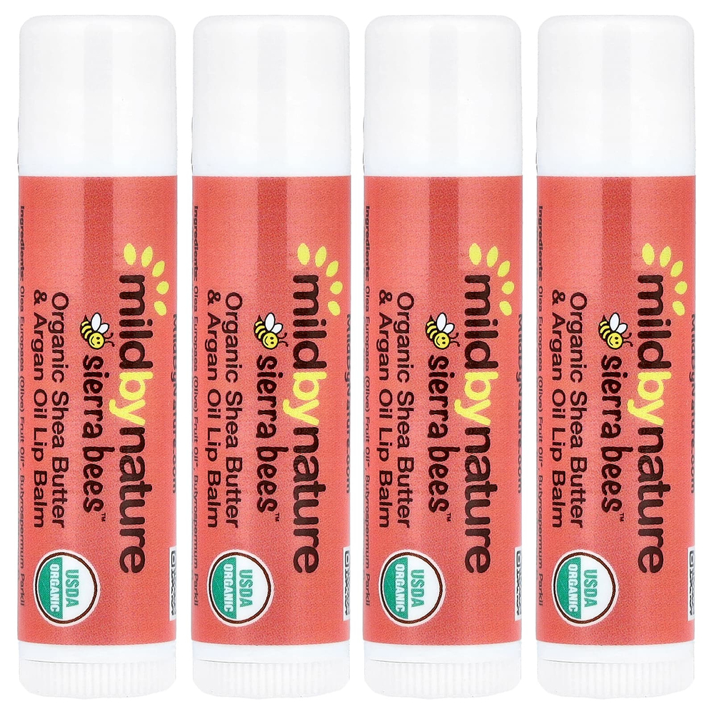 Mild By Nature, Sierra Bees™, органические бальзамы для губ, масло ши и аргановое масло, упаковка из 4 шт. по 4,25 г (0,15 унции)