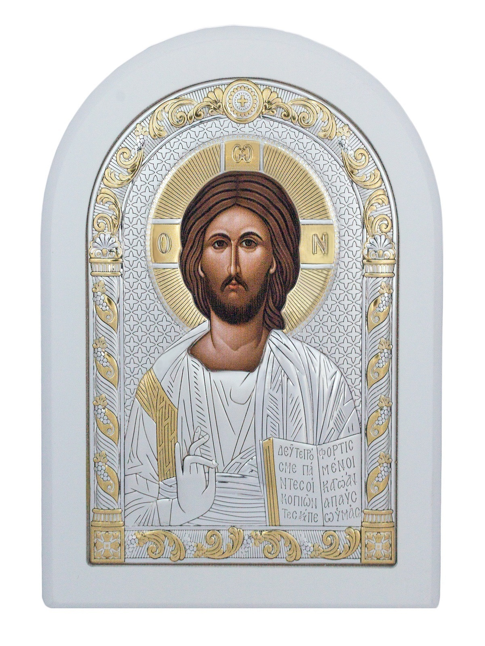 Спаситель, икона арочная, белое дерево  57х75