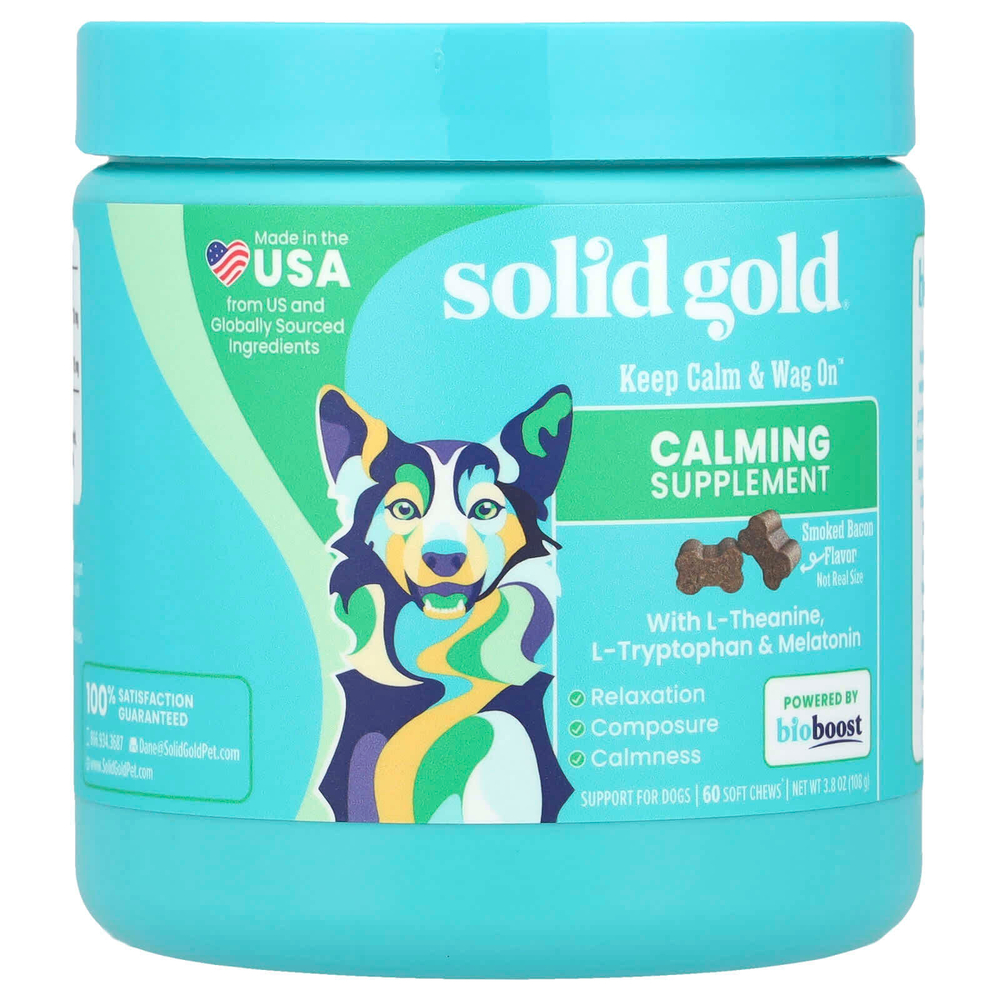 Solid Gold, Keep Calm & Wag On ™, успокаивающая добавка для собак, с копченым беконом, 60 жевательных таблеток, 108 г (3,8 унции)