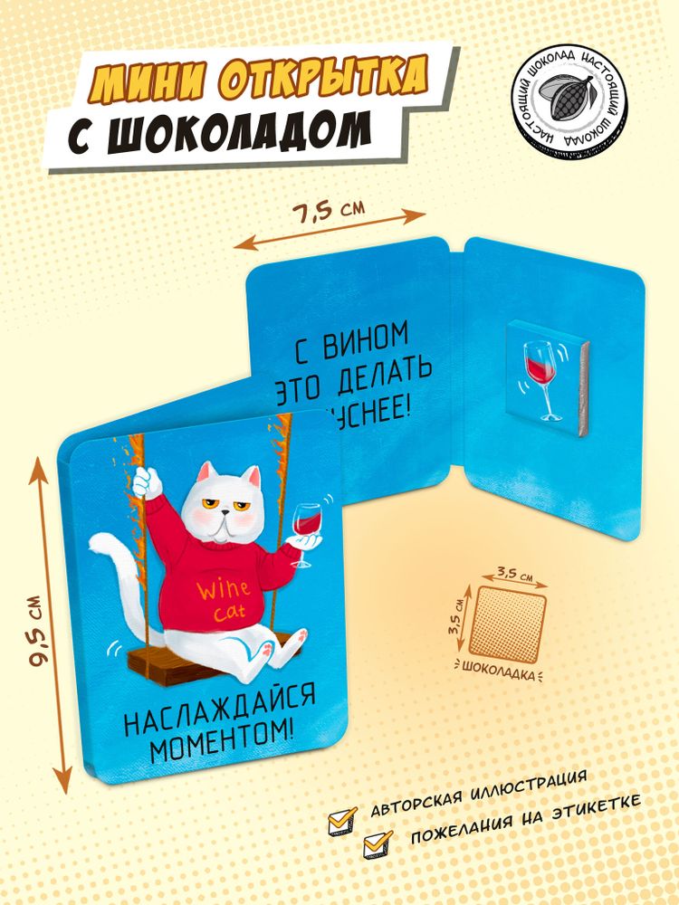 Мини открытка, КОТ С ВИНОМ, молочный шоколад, 5 г, TM Chokocat