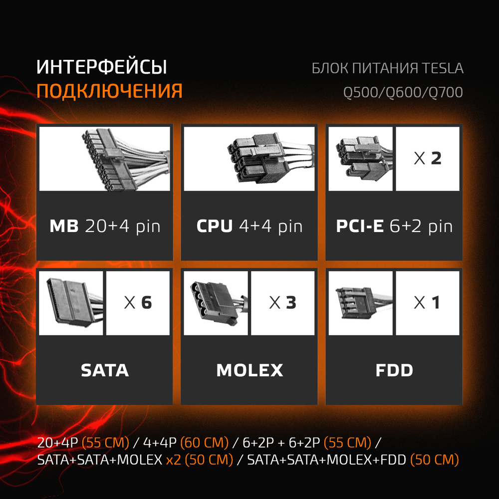 Блок питания ATX TESLA Q700, 700W, 80+Bronze, Bulk, PPFC, 1x4+4pin, 2x6+2PIN, 6xSATA, 3xMOLEX, 1xFDD (TS-Q700)