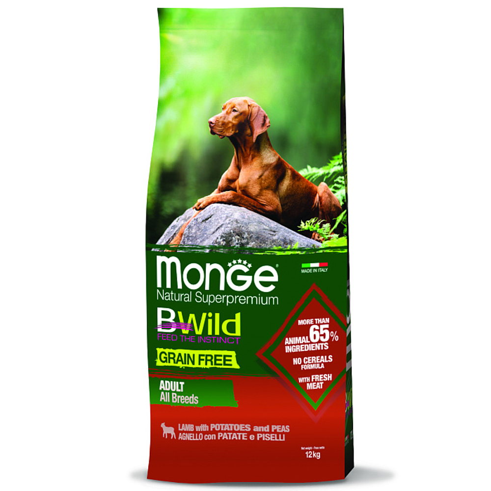 Сухой корм Monge Dog BWild GRAIN FREE для взрослых собак всех пород, беззерновой, из ягненка с картофелем и горохом 12 кг