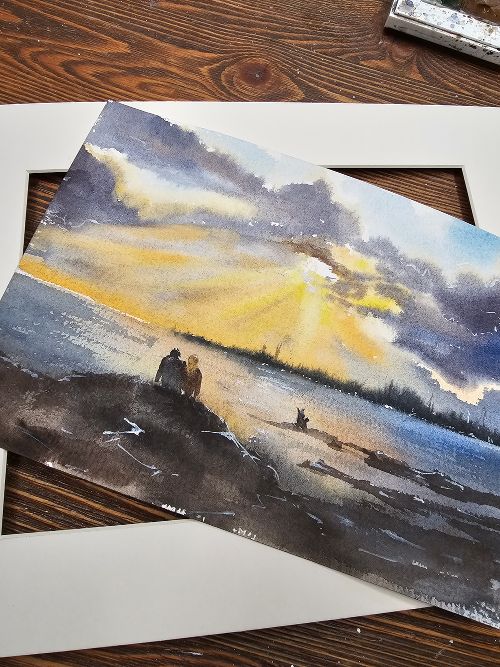 Картина авторская акварельная в паспарту 21*30 см на стену для интерьера "Он, она и собака"