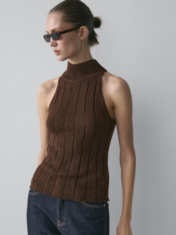 Massimo Dutti Топ из смесовой хлопка с горловиной халтер, шоколадный
