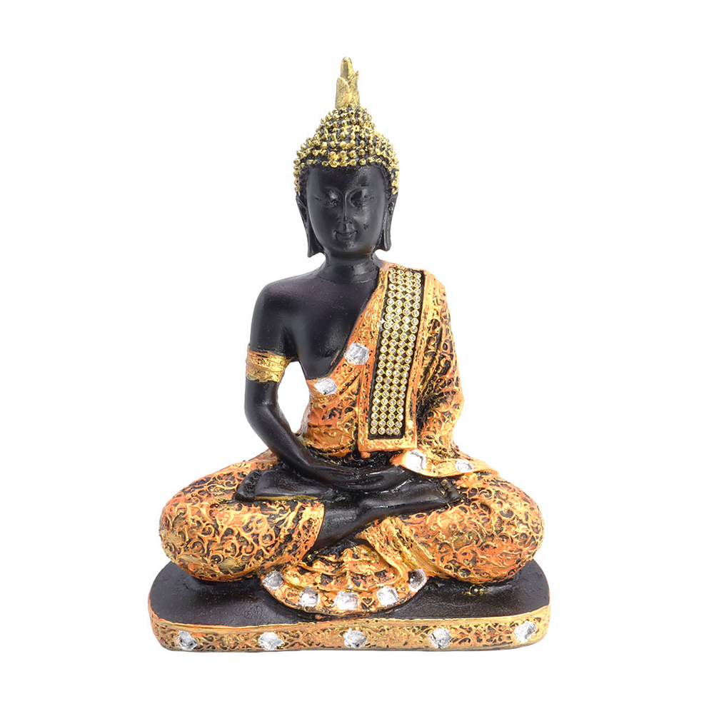 Статуэтка Будда в медитации дарует просветление, исцеление и защиту цвет черный, одеяние оранжево-золотистое, полистоун 16,5x21,5 см