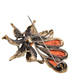 AM-2411 Брошь «Цветок тропический» (латунь, янтарь)