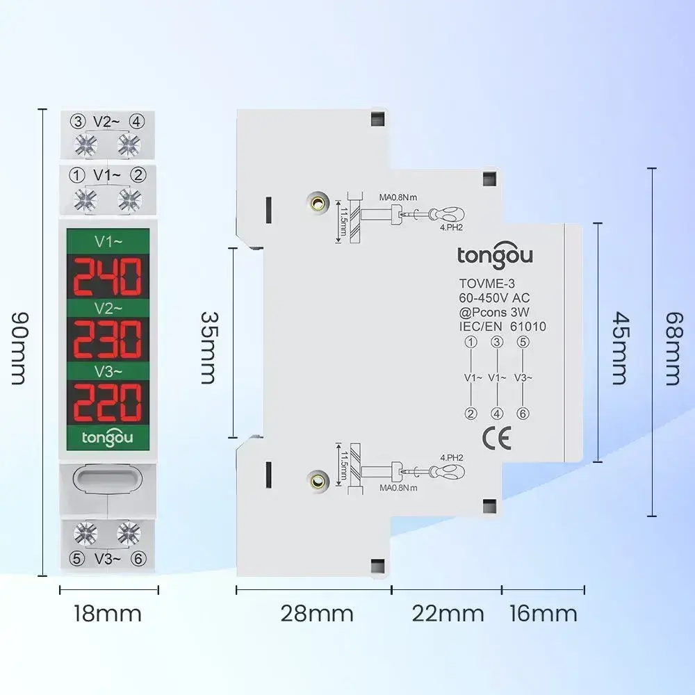 Трехфазный измеритель напряжения переменного тока 60 В-450 В на Din-рейке, Мини-модульный вольтметр, Индикатор датчика, светодиодный цифровой дисплей, детектор TONGOU