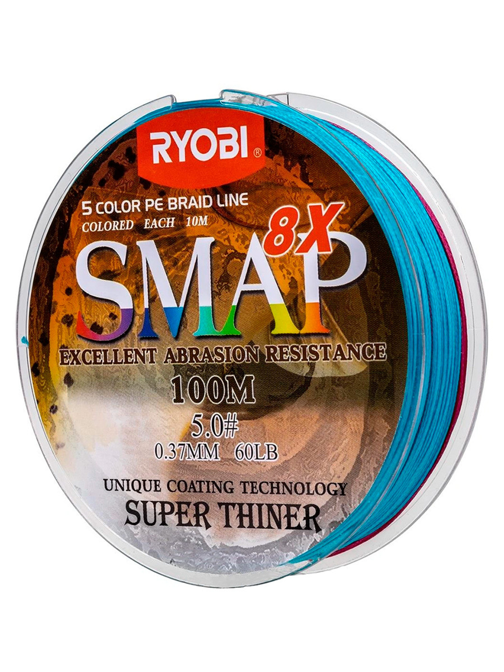 Шнур плетеный для рыбалки Ryobi SMAP PE8X-100M Multi Colour 6.0# 0,405мм