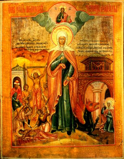 Марина (Маргарита) Антиохийская святая великомученица со сценами жития. Деревянная икона на левкасе